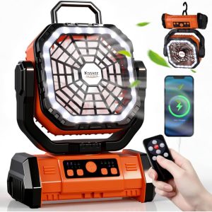 Oszillierender Camping Ventilator mit LED Lampe, 30000mAh Akku Ventilator | Fernbedienung & Powerbank, 4 Geschwindigkeiten, Tragbarer USB Zelt Ventilator für Angeln Picknick Wohnmobil Outdoor