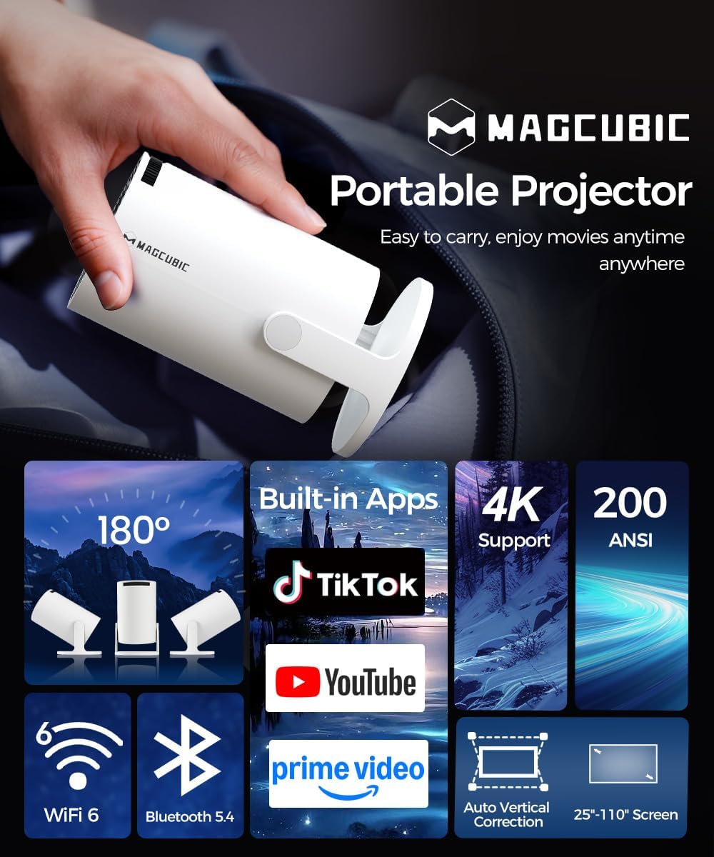 Magcubic Mini Beamer Projektor 4K Unterstützt Android 14, WiFi 6 BT 5.4 | Smart Projector Heimkino Klein Full HD 1080P Unterstützt 200 ANSI Auto Horizontal Trapezoid Correction 5W Lautsprecher – Bild 2